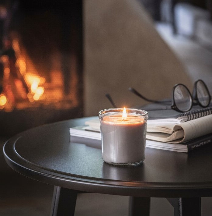 ENSTAKA Scented candle in glass, Bonfire/grey, 20hr– Home Swede Home