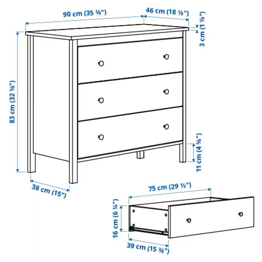 KOPPANG Chest of 3 drawers, White, 90x83cm– Home Swede Home