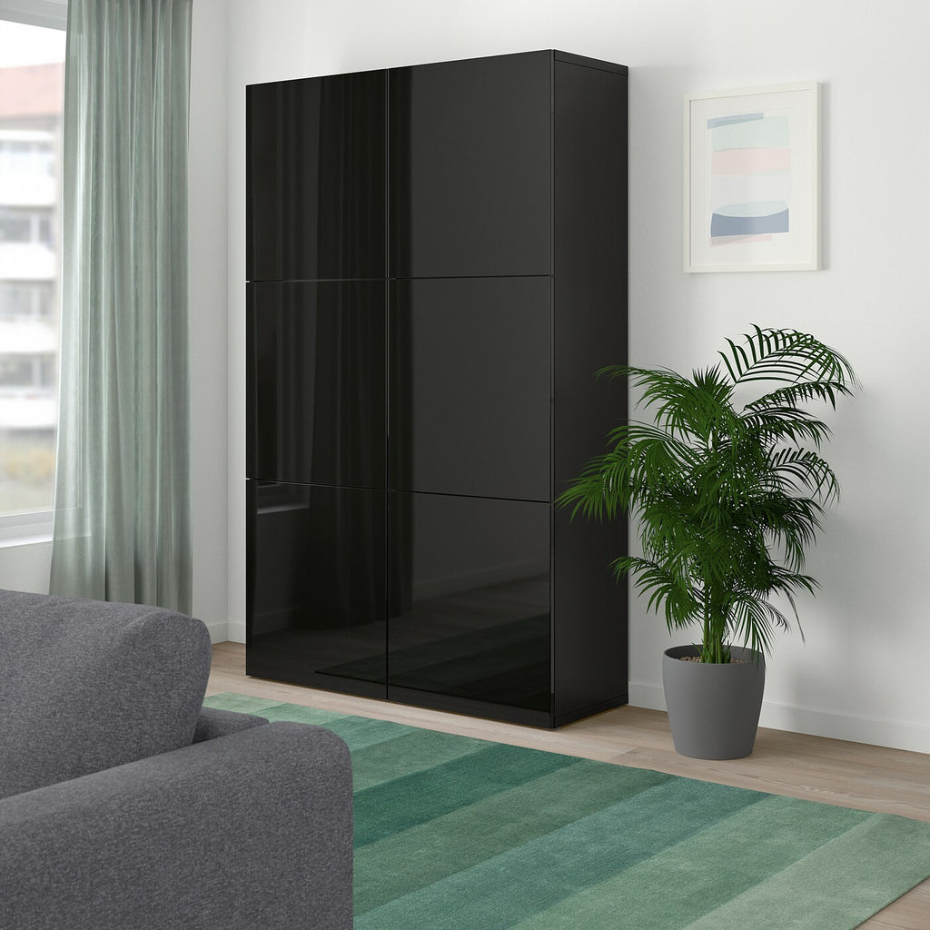 BESTA Storage combination w glass doors, Black-brown/Selsviken high-gloss/Black smoked glass, 120x42x193cm