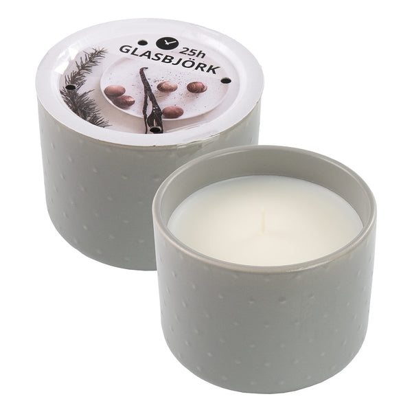 GLASBJORK Scented candle in ceramic jar, Cedarwood & vanilla/pale grey-green, 25hr