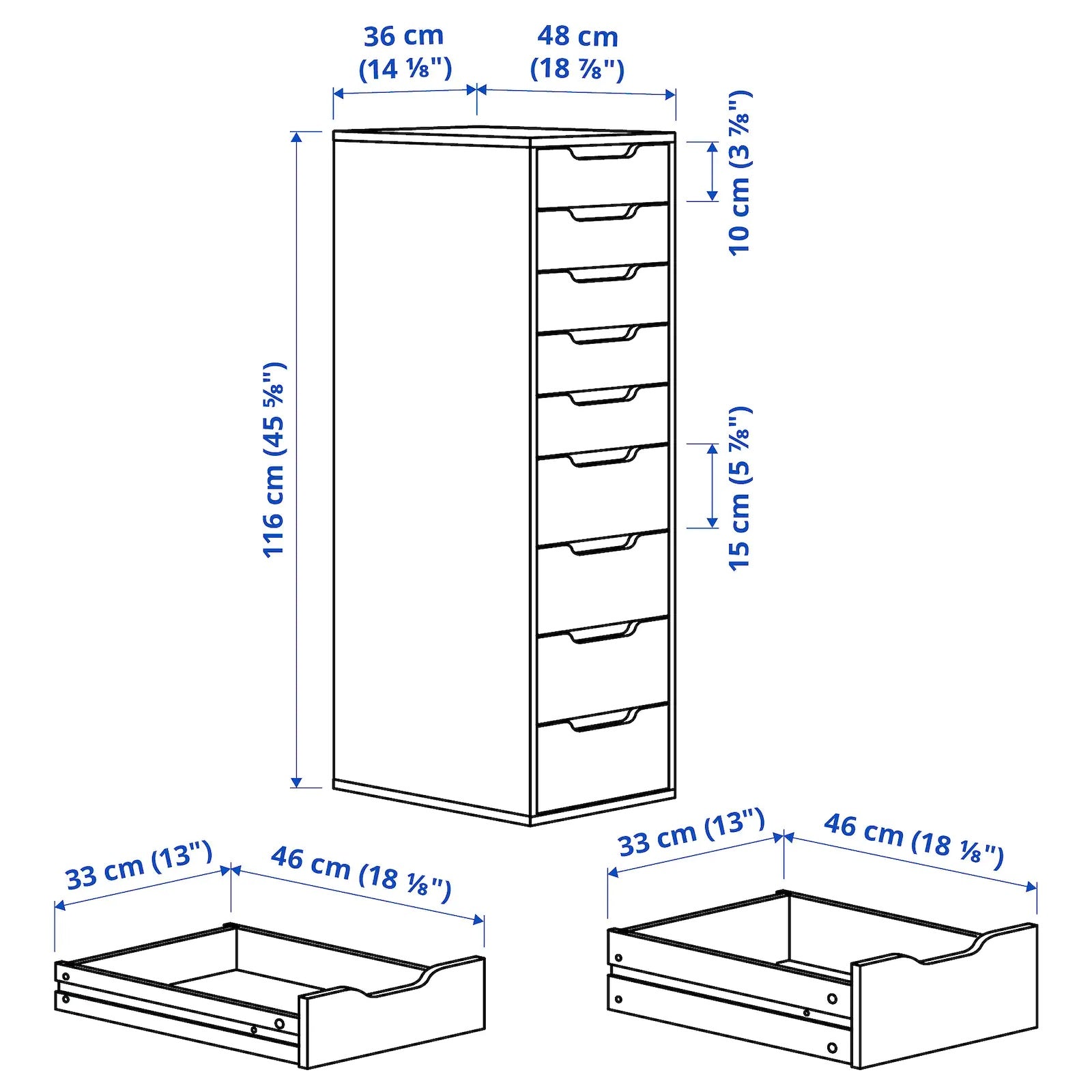ALEX Drawer unit, 9 drawers, 36x116cm, White– Home Swede Home